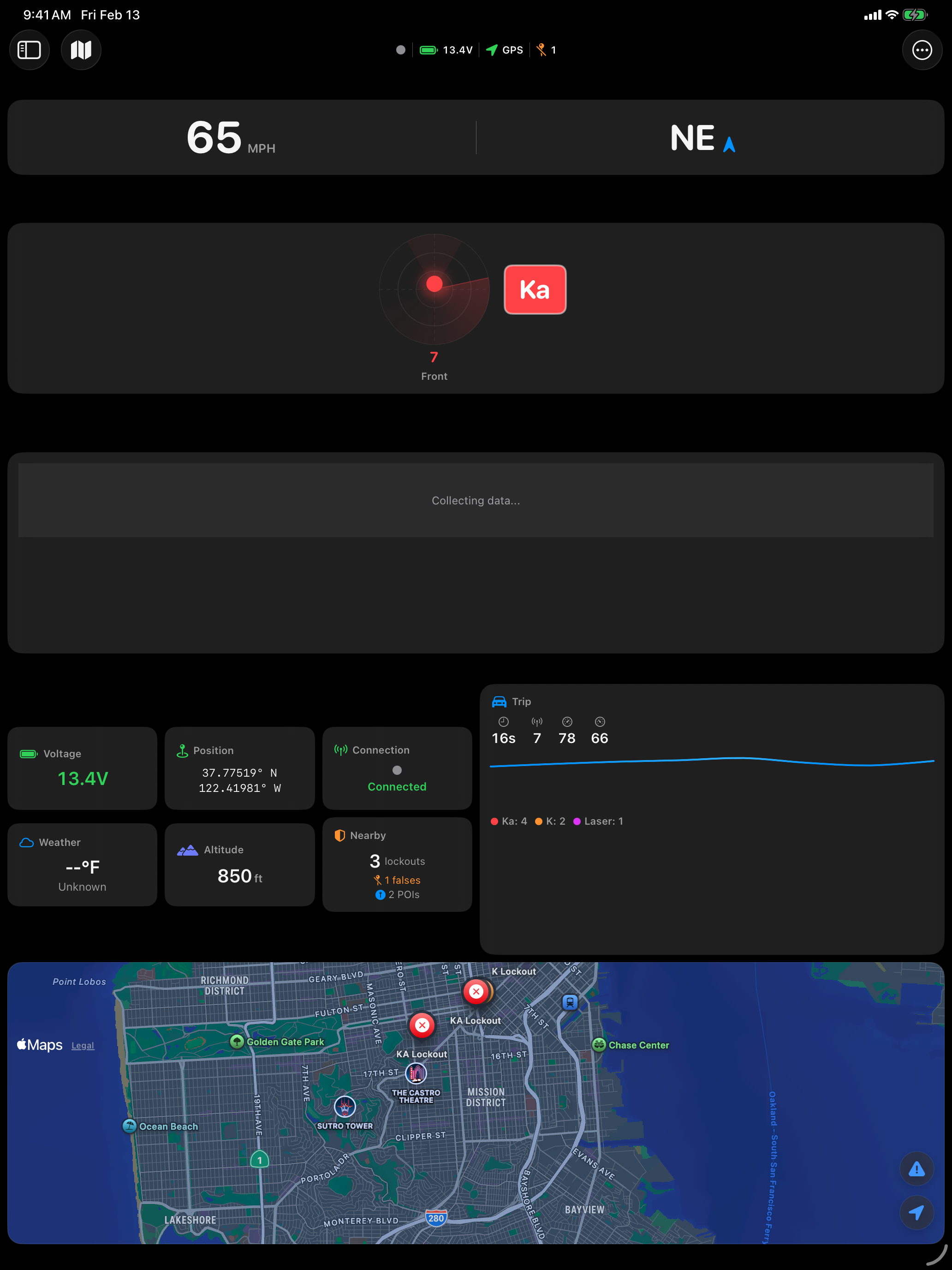 Pro Dashboard instrument panel with Ka alert on iPad