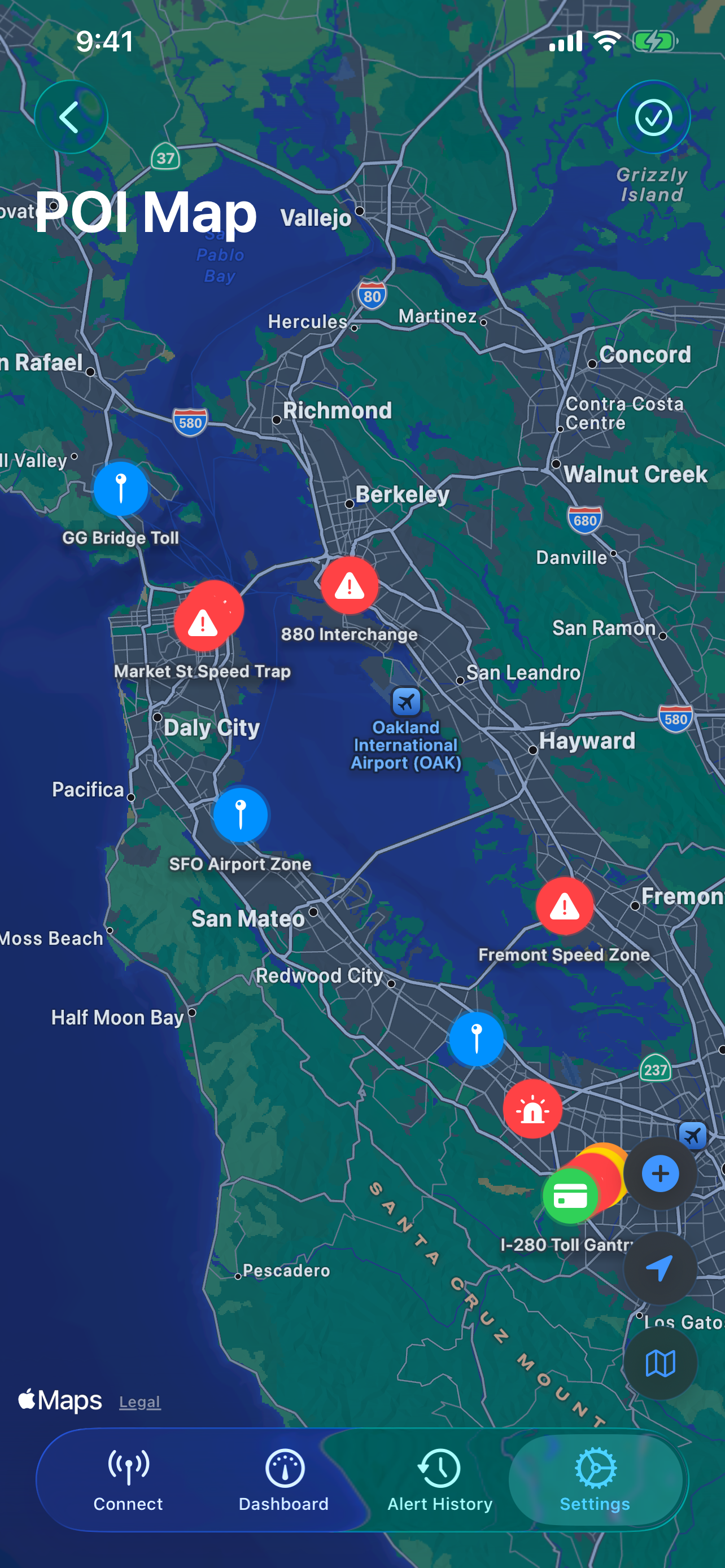 POI map with speed cameras, school zones, and enforcement points